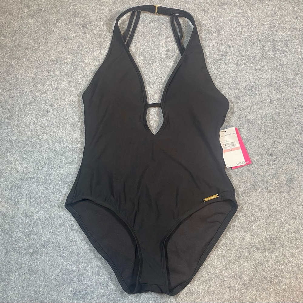 NWT Vince Camuto Plunge Neck Halter Open Back One-Piece Swimsuit Size 10 Black - Picture 12 of 12